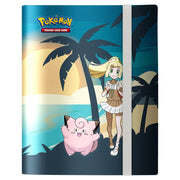 Ultra Pro 9-Pocket Binder: Pokémon - Lillie and Clefairy - Blue and beige Ultra Pro binder with Lillie and Clefairy under palm trees, elastic strap closure.
