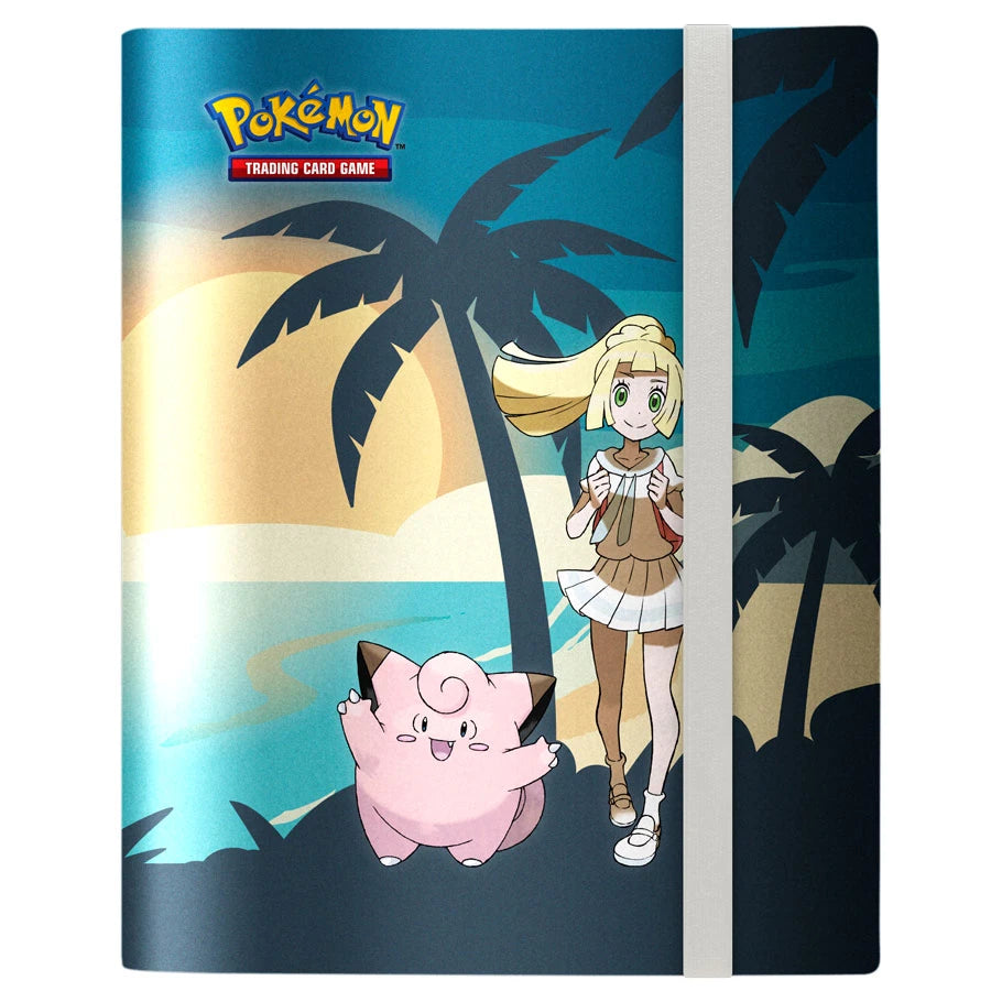 Ultra Pro 9-Pocket Binder: Pokémon - Lillie and Clefairy - Blue and beige Ultra Pro binder with Lillie and Clefairy under palm trees, elastic strap closure.