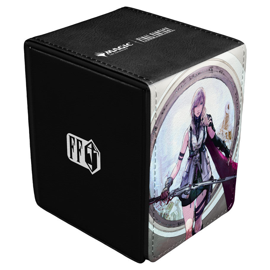Deck Box: Alcove Flip: Magic the Gathering: Final Fantasy: Lightning, Army of One - Black rectangular deck box with white FFG logo on the side and illustration of Lightning from Final Fantasy holding a sword.