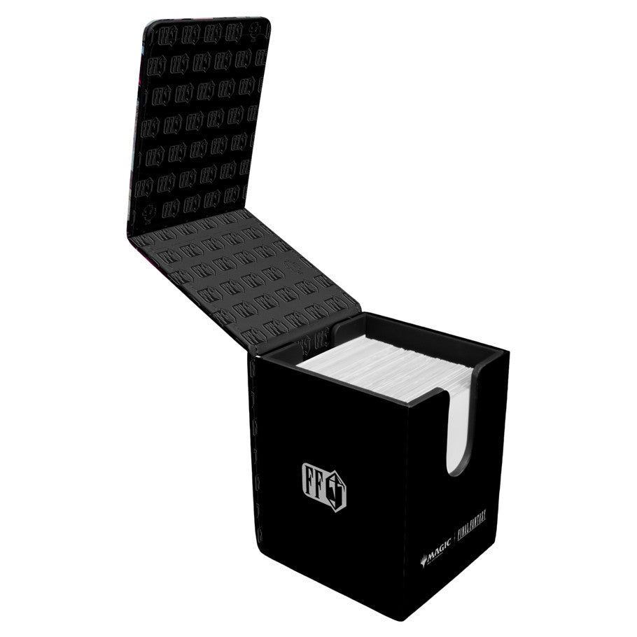 Deck Box: Alcove Flip: Magic the Gathering: Final Fantasy: Lightning, Army of One - Black rectangular card deck box with flip-open lid and white interior, featuring white logos on front and side.