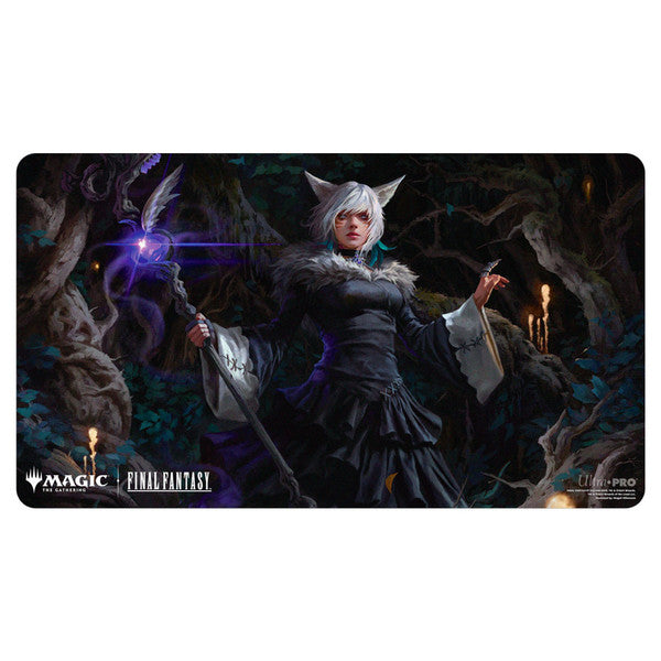Playmat: Magic the Gathering: Final Fantasy: Y'shtola, Night's Blessed - Dark-themed gaming playmat featuring Y'shtola from Final Fantasy holding a glowing purple staff in a forest setting.