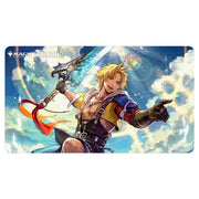 Playmat: Magic the Gathering: Final Fantasy: Tidus, Yuna's Guardian - Rectangular playmat with vibrant depiction of a blonde warrior holding a glowing sword against a blue sky background with.