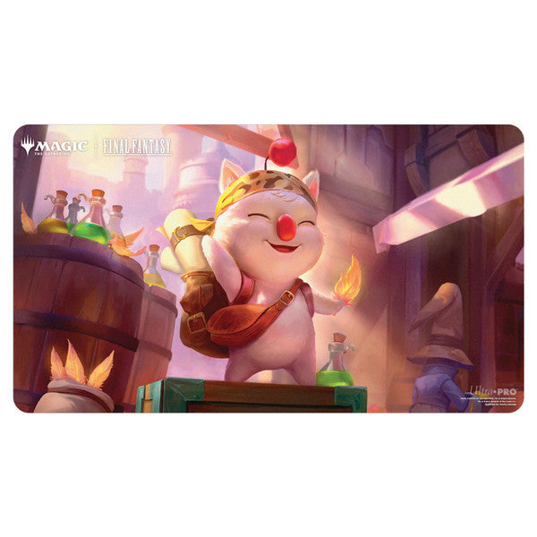 Playmat: Magic the Gathering: Final Fantasy: Stiltzkin, Moogle Merchant - Fantasy-themed playmat featuring Stiltzkin the Moogle Merchant from Final Fantasy, vibrant colors with warm lighting and.