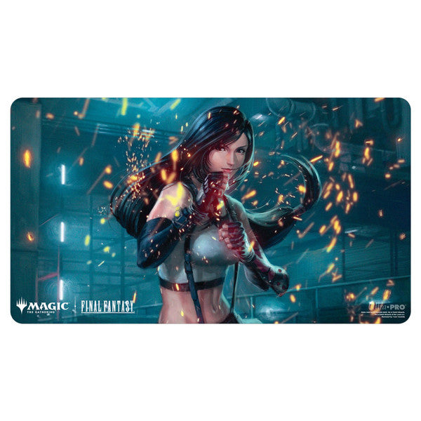 Playmat: Magic the Gathering: Final Fantasy: Tifa, Martial Artist - Rectangular gaming playmat featuring Tifa Lockhart in a dynamic pose with glowing fists and sparks against a dark blue.