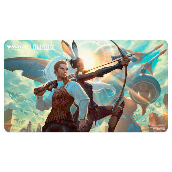 Magic the Gathering: Final Fantasy: Balthier and Fran Playmat - Rectangular playmat featuring Balthier and Fran from Final Fantasy with a detailed fantasy background in blue and orange.
