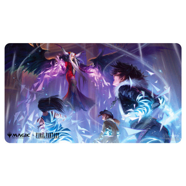 Playmat: Magic the Gathering: Final Fantasy: Temporal Extortion - Rectangular playmat featuring dynamic fantasy artwork with glowing blue and purple tones, depicting two characters engaging.