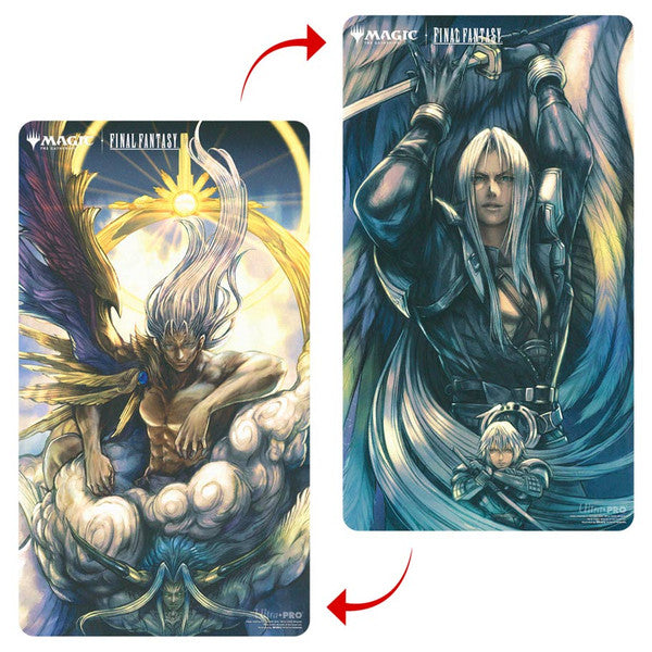Playmat: Double Sided: Magic the Gathering: Final Fantasy: Sephiroth, Fabled SOLDIER - Double-sided gaming playmat featuring dramatic, dark fantasy art; one side shows Sephiroth with silver hair and black outfit