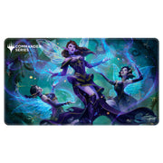 Ultra Pro Stitched Edge Playmat: Magic the Gathering: Commander Series - Alela, Cunning Conqueror - Playmat with vibrant purple fairy character in the center and two smaller fairies on each side, glowing blue wings, dark.