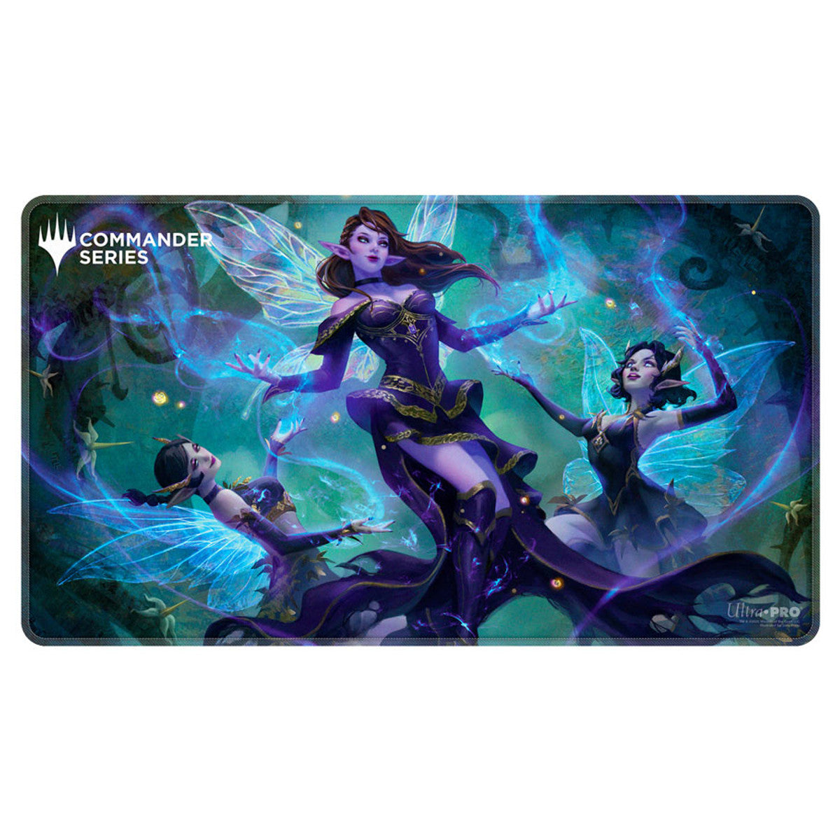 Ultra Pro Stitched Edge Playmat: Magic the Gathering: Commander Series - Alela, Cunning Conqueror - Playmat with vibrant purple fairy character in the center and two smaller fairies on each side, glowing blue wings, dark.