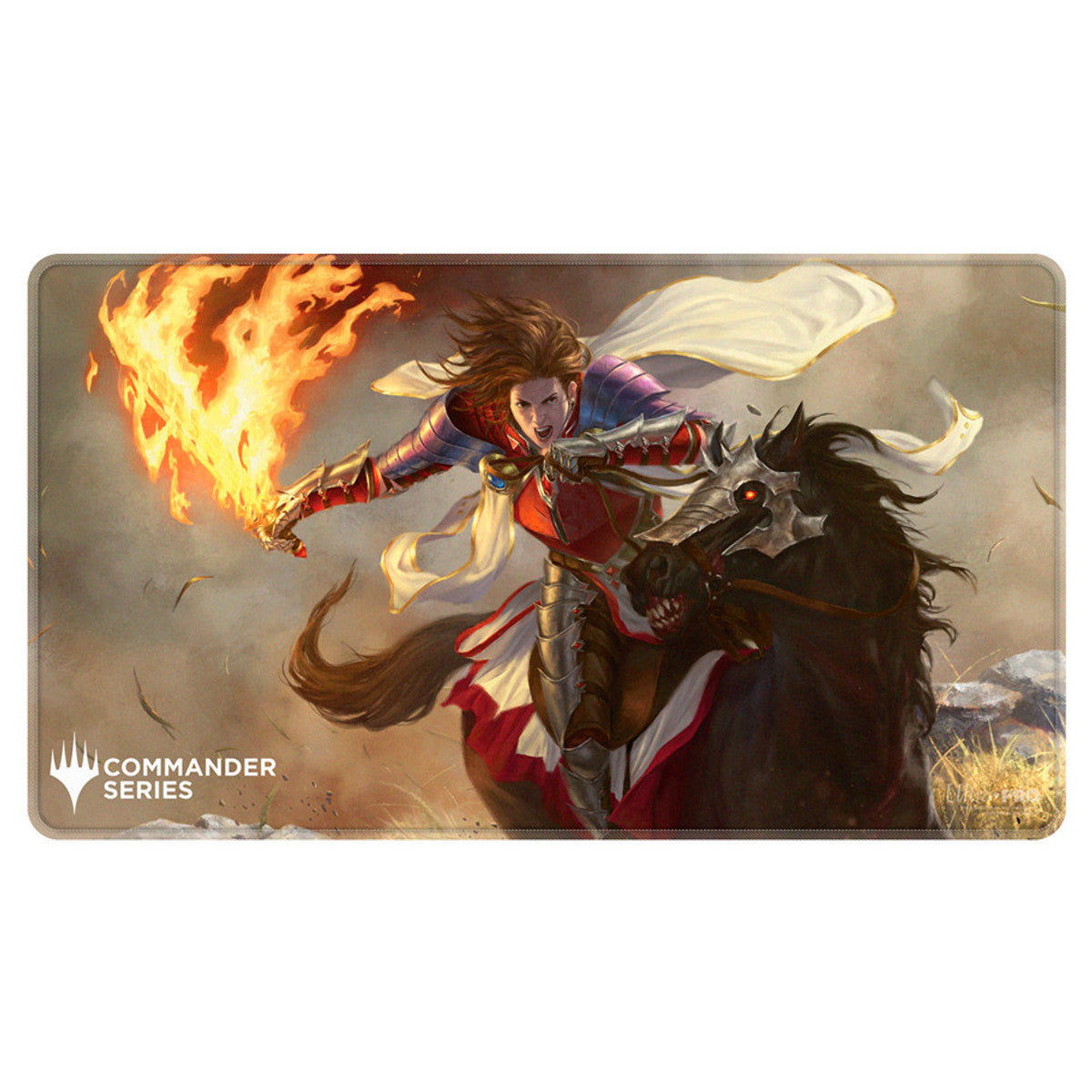 Ultra Pro Stitched Edge Playmat: Magic the Gathering: Commander Series - Syr Gwyn, Hero of Ashvale - Rectangular playmat featuring dynamic artwork of a warrior in red armor wielding a flaming sword, riding a black horse.
