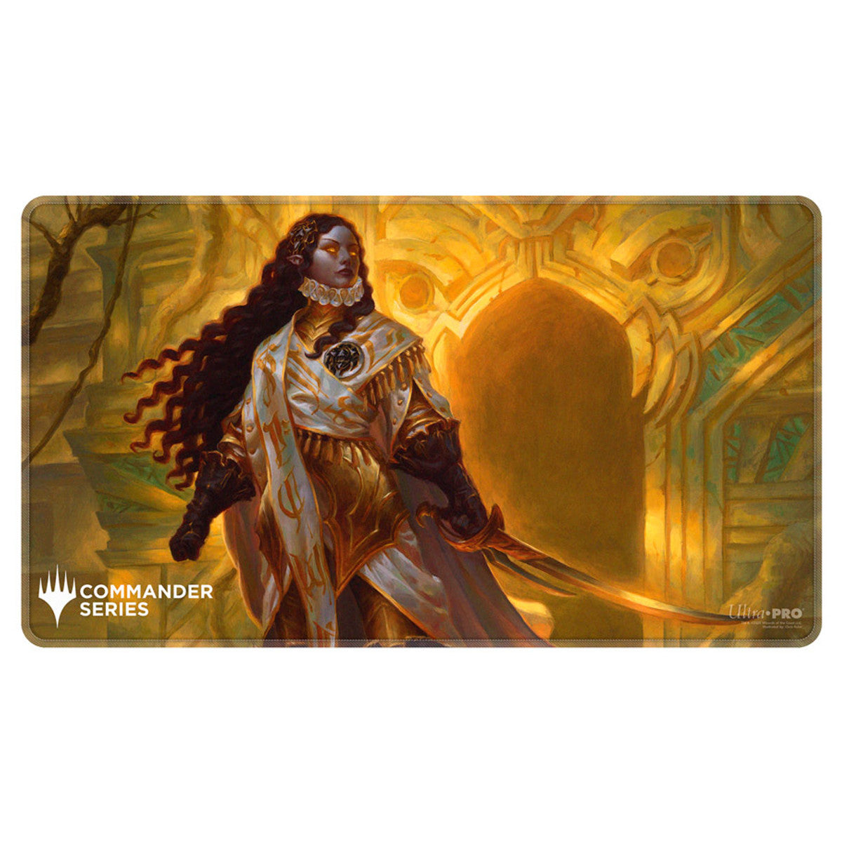 Ultra Pro Stitched Edge Playmat: Magic the Gathering: Commander Series - Elenda, the Dusk Rose - Magic the Gathering Commander Series playmat with detailed fantasy artwork of a regal woman in white robes against a golden,