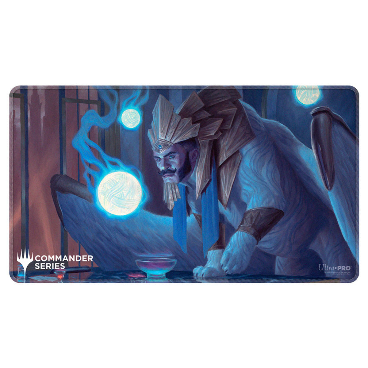 Ultra Pro Stitched Edge Playmat: Magic the Gathering: Commander Series - Tivit, Seller of Secrets - Blue and purple playmat featuring a mystical robed figure holding glowing orbs, with stitched edges and Commander Series.