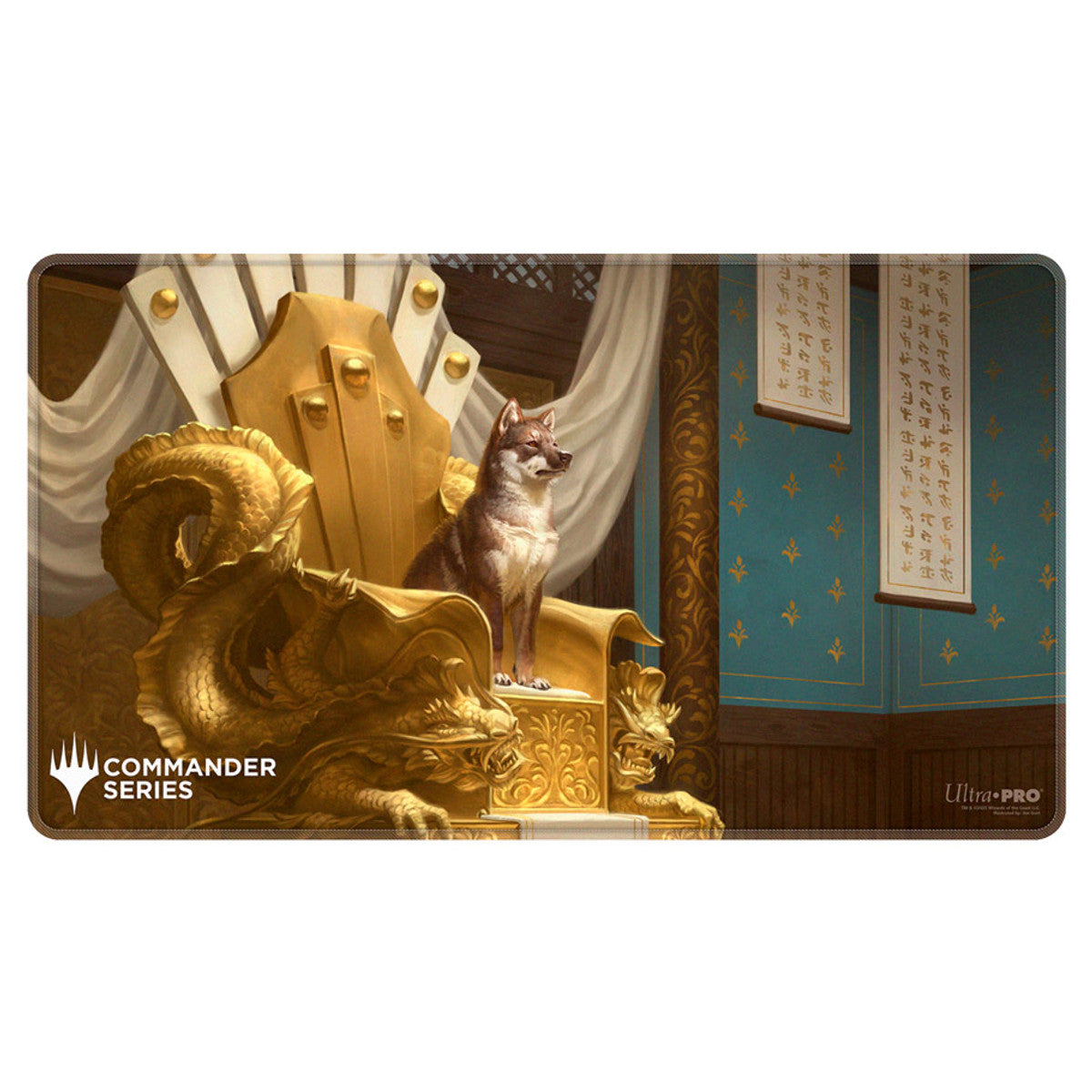 Ultra Pro Stitched Edge Playmat: Magic the Gathering: Commander Series - Yoshimaru, Ever Faithful - Rectangular playmat featuring detailed fantasy artwork of a gray cat sitting on an ornate golden throne with intricate.