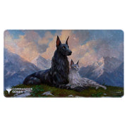 Ultra Pro Holofoil Playmat: Magic the Gathering: Commander Series - Rin and Seri - Rectangular playmat featuring two detailed fantasy wolves against a misty mountain backdrop with a starry sky, soft blue and