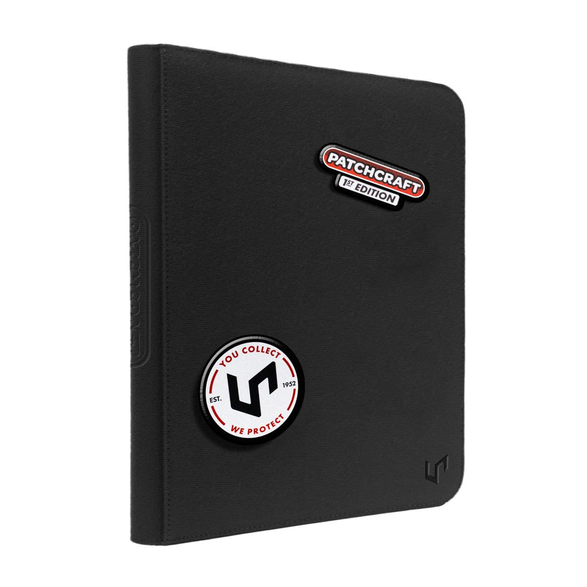 Ultra Pro Zippered PRO Binder 9-Pocket: Patchcraft - Black - Black zippered card binder with two Patchcraft logos, smooth textured cover, slim design.