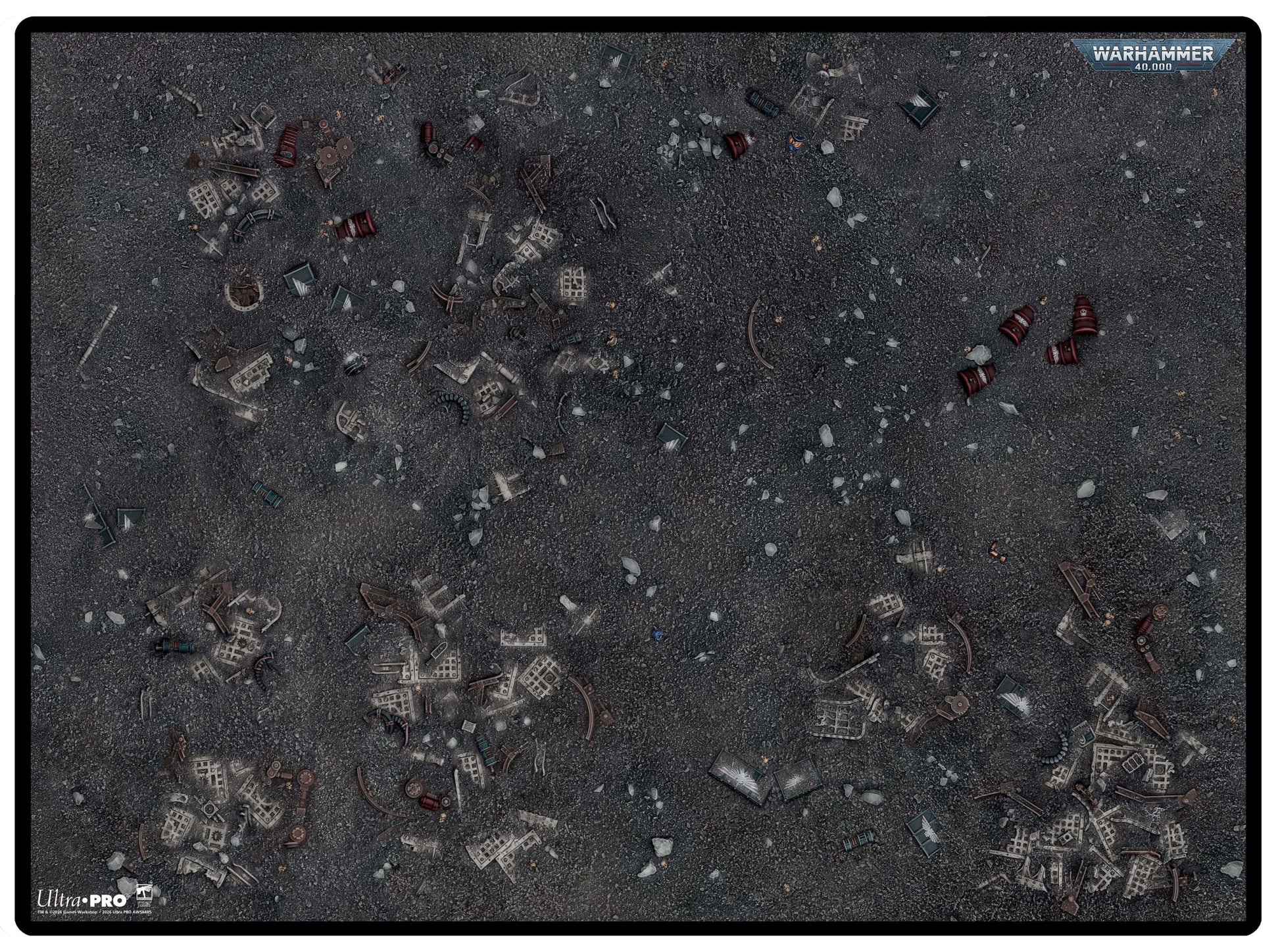 Ultra Pro Battle Mat: Warhammer 40,000 Kill Team - Service-Nexus Delta A - Dark gray battle mat with scattered debris and small red and metallic details across textured surface.