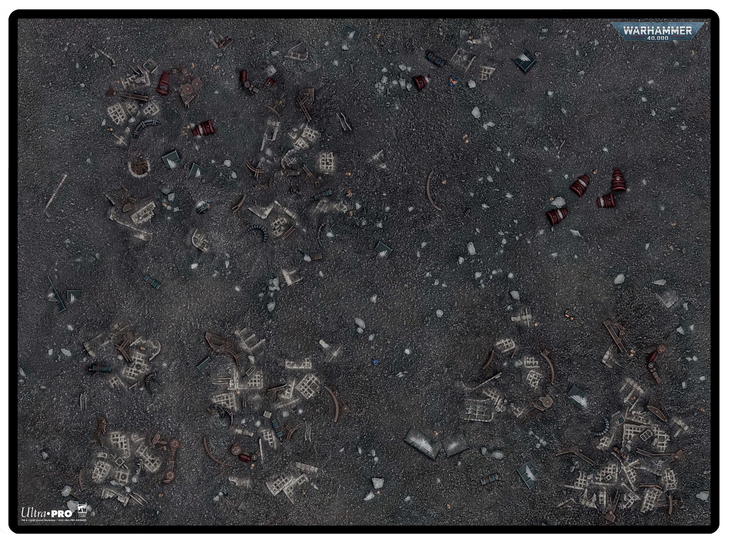 Ultra Pro Battle Mat: Warhammer 40,000 Kill Team - Service-Nexus Delta A - Dark gray battle mat with scattered debris and small red and metallic details across textured surface.