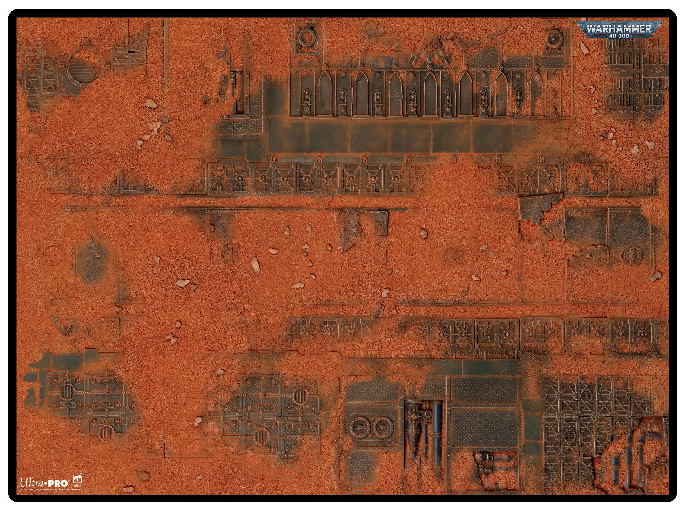 Ultra Pro Battle Mat: Warhammer 40,000 Kill Team - Service-Nexus Delta B - Red and brown textured gaming mat with industrial ruins and sci-fi debris details.