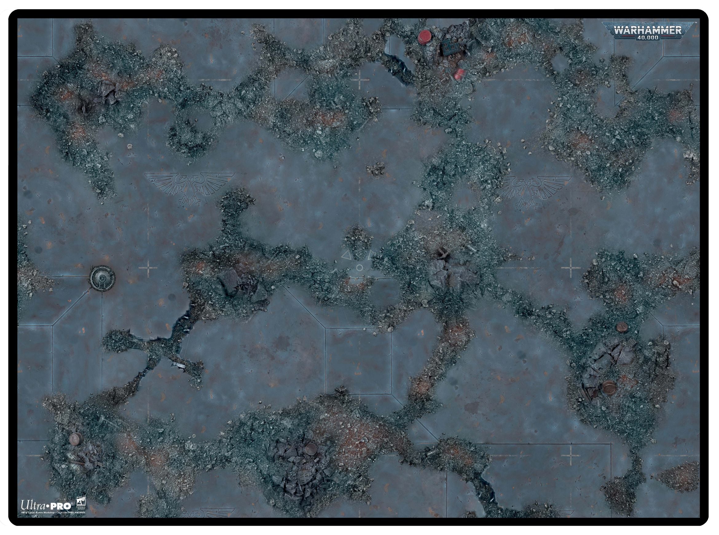 Ultra Pro Battle Mat: Warhammer 40,000 Killzone - Volkus A (PREORDER) - Dark gray and brown textured gaming mat with rocky terrain and crater details, designed for Warhammer 40,000 battles.