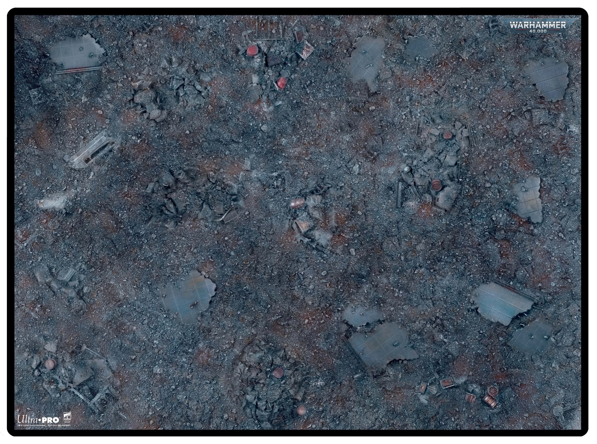Ultra Pro Battle Mat: Warhammer 40,000 Killzone - Volkus B (PREORDER) - Dark battle mat with cracked earth texture, scattered rocks, and worn terrain details for tabletop gaming.