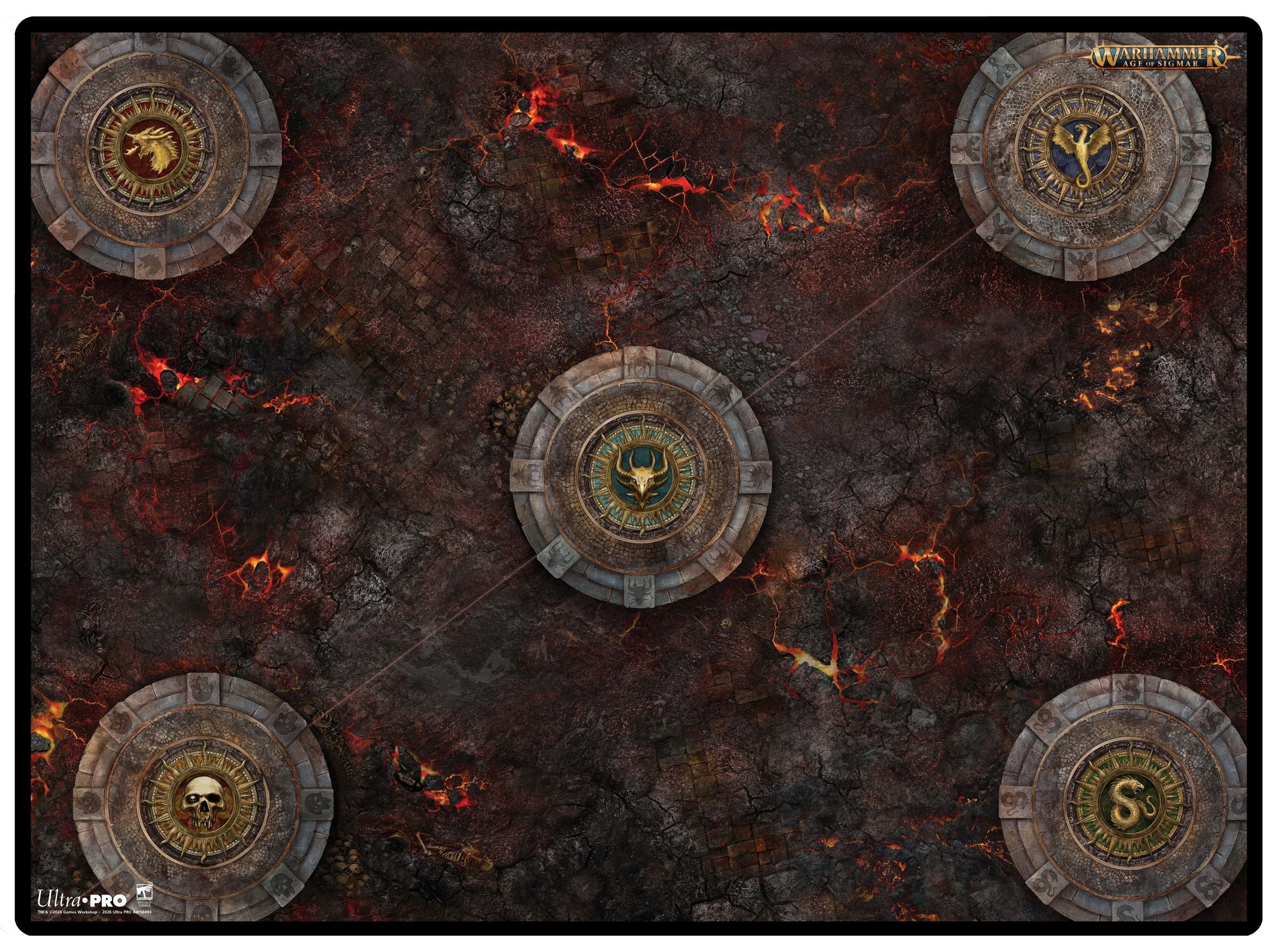 Ultra Pro Battle Mat: Warhammer Age of Sigmar Spearhead - Fire and Jade A (PREORDER) - Dark battle mat with fiery red cracks and five circular stone platforms featuring gold symbols and intricate details.