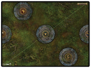 Ultra Pro Battle Mat: Warhammer Age of Sigmar Spearhead - Fire and Jade B (PREORDER) - Gaming battle mat with dark green textured surface and circular stone ruins in gray and brown tones.