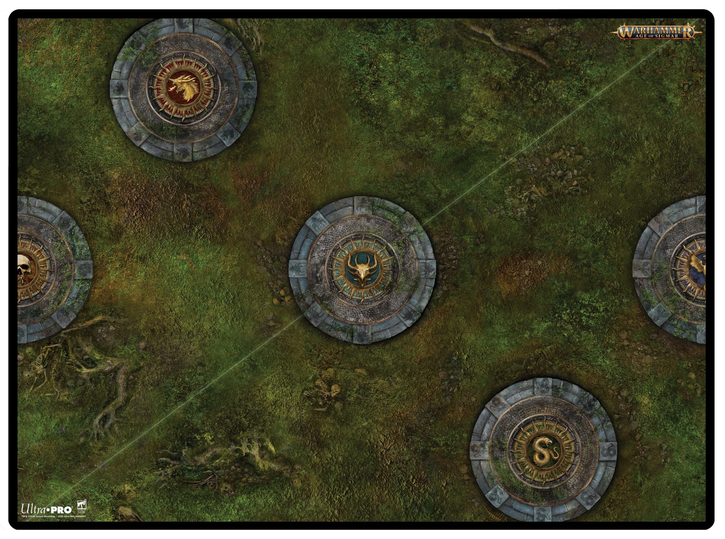 Ultra Pro Battle Mat: Warhammer Age of Sigmar Spearhead - Fire and Jade B (PREORDER) - Gaming battle mat with dark green textured surface and circular stone ruins in gray and brown tones.