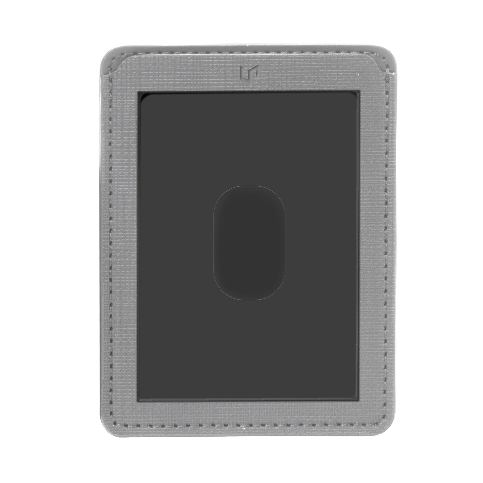 Ultra Pro Card Pocket: Patchcraft - Gray - Gray rectangular card pocket with stitched edges and central black patch for card display.