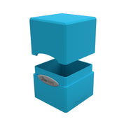 Ultra Pro Satin Cube - Sky Blue - Sky blue satin finish cube-shaped deck box with removable lid and logo plaque.