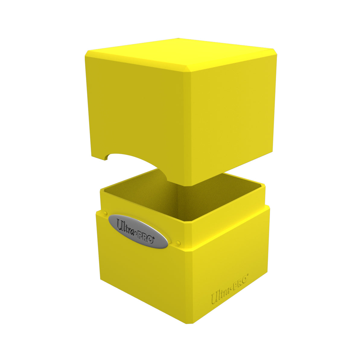 Ultra Pro Satin Cube - Lemon Yellow - Bright lemon yellow satin cube deck box with removable lid and embossed logo plate.