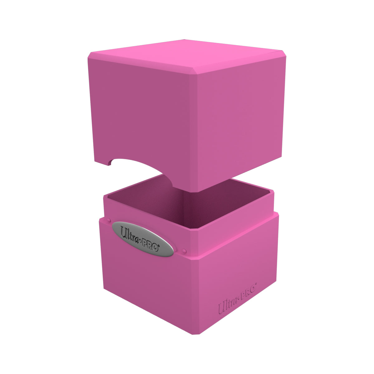 Ultra Pro Satin Cube - Hot Pink - Hot pink satin-finish cube deck box with hinged lid and embossed logo plaque.