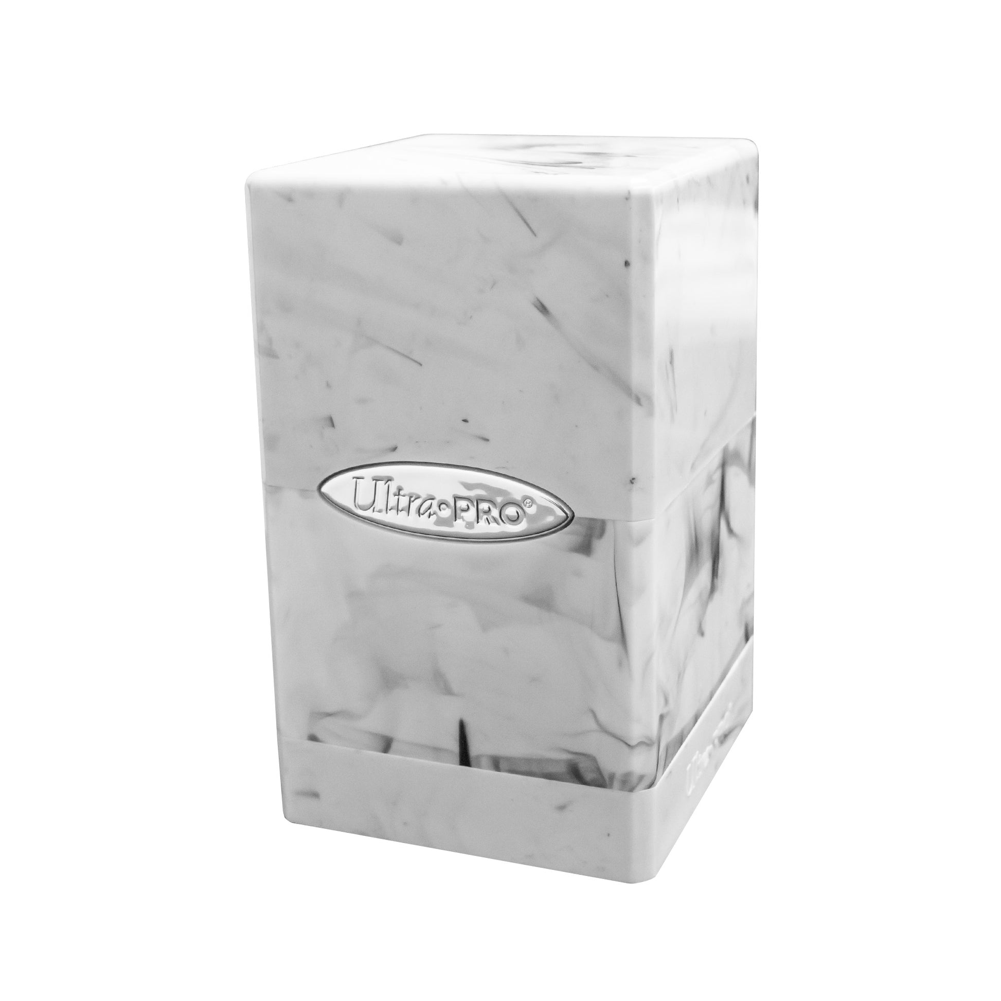 Ultra Pro Satin Tower - Marble White/Black - Rectangular deck box with marble white and black swirling pattern and Ultra Pro logo on front.