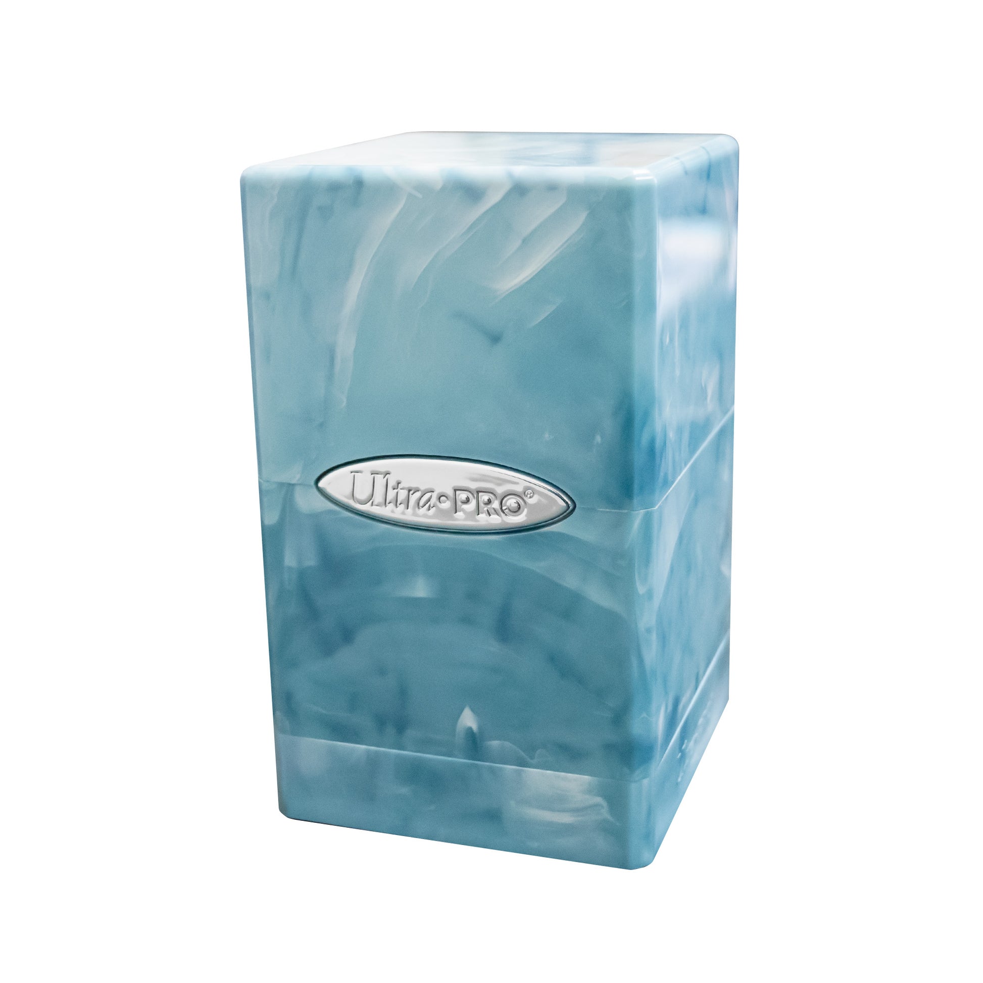 Ultra Pro Satin Tower - Marble Light Blue/White - Tall rectangular deck box with a marbled light blue and white satin finish and a silver Ultra Pro logo plaque on the front.