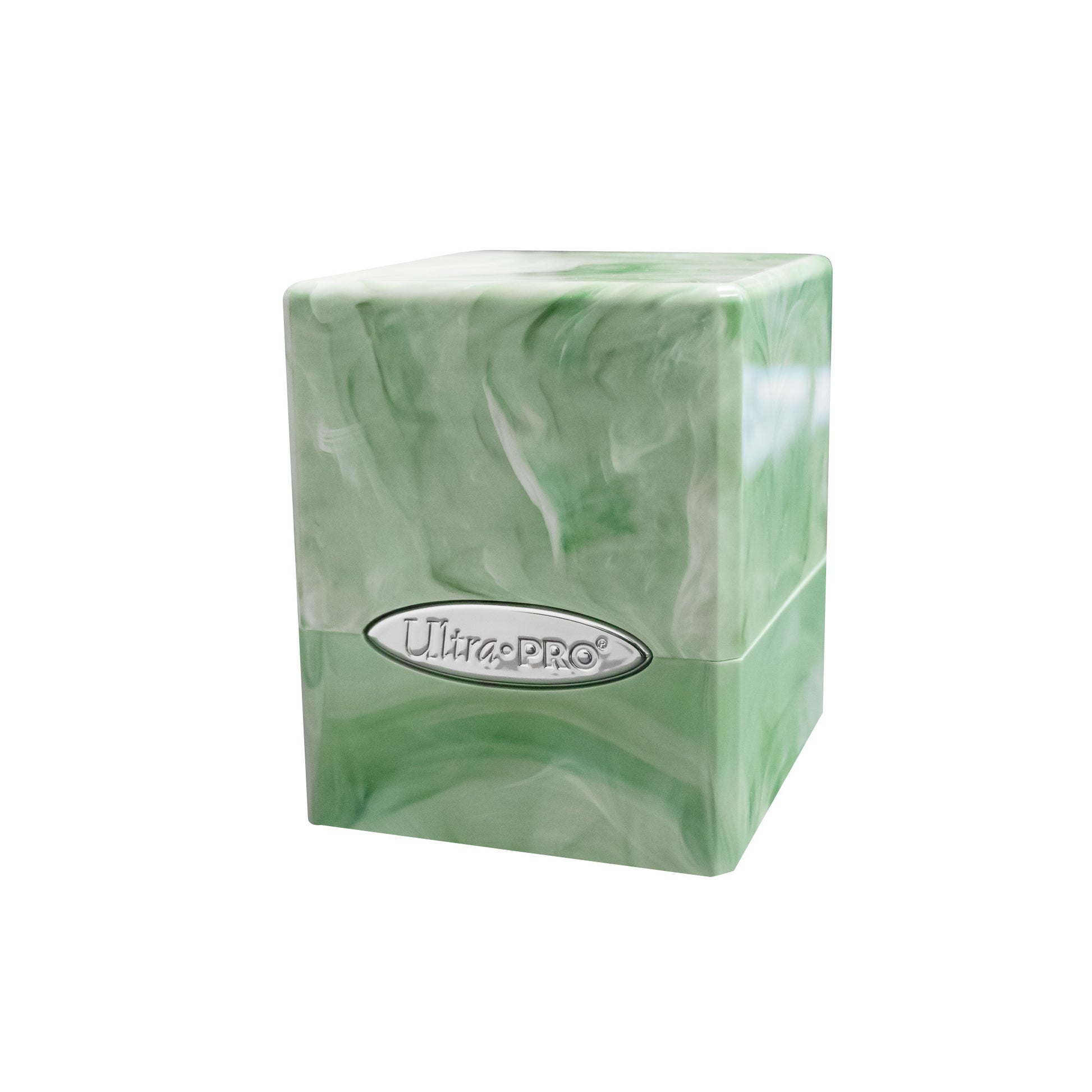 Ultra Pro Satin Cube - Marble Green/White - Glossy cube-shaped deck box with green and white marble swirl pattern and silver Ultra Pro logo plaque.