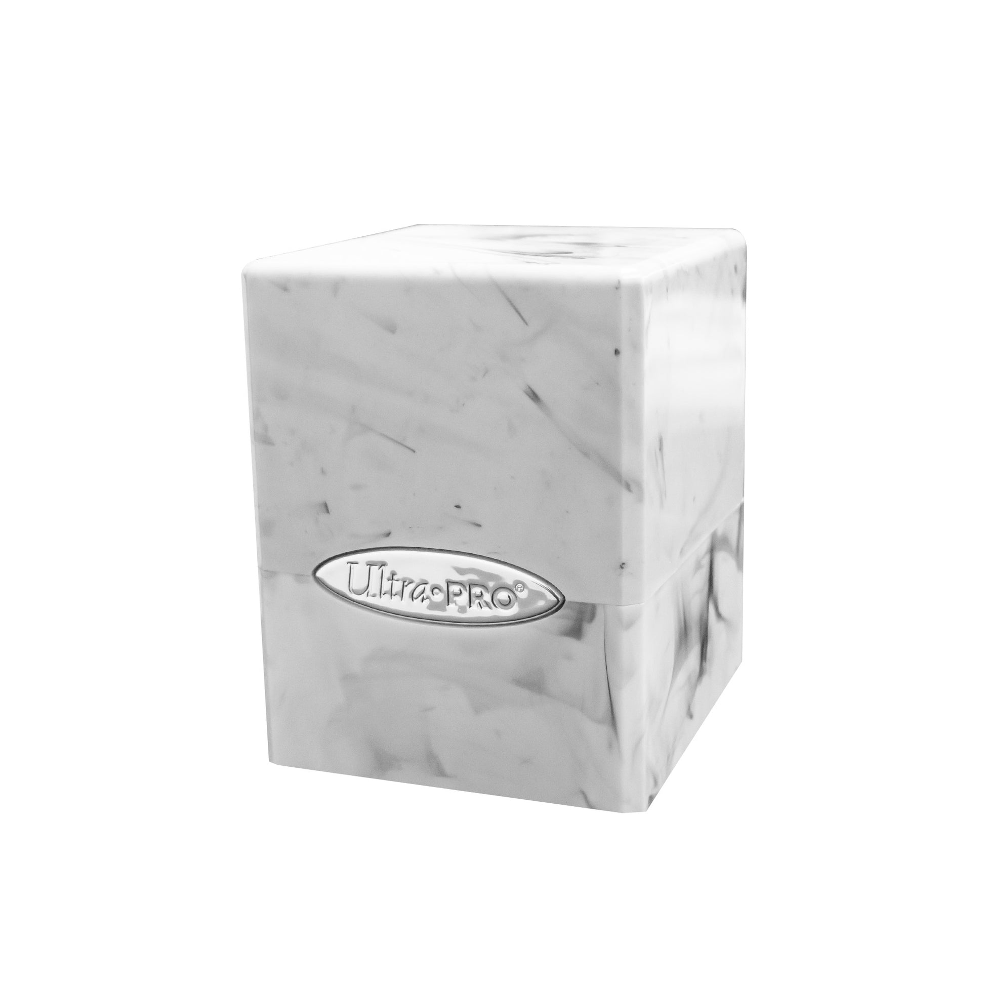 Ultra Pro Satin Cube - Marble White/Black - White marble-patterned rectangular deck box with subtle black veining and Ultra Pro logo on front.