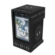 Ultra Pro One-Touch Tower Deck Box - Obsidian (PREORDER) - Black rectangular tower deck box with dragon artwork on front and intricate white designs on edges and top.