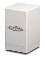 Ultra Pro Satin Tower Deck Box - White - White rectangular deck box with smooth satin finish and silver "Ultra Pro" logo plaque on front.