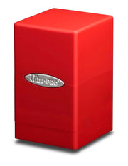 Ultra Pro Satin Tower Deck Box - Red - Red rectangular deck box with smooth satin finish and silver Ultra Pro logo badge on the front.