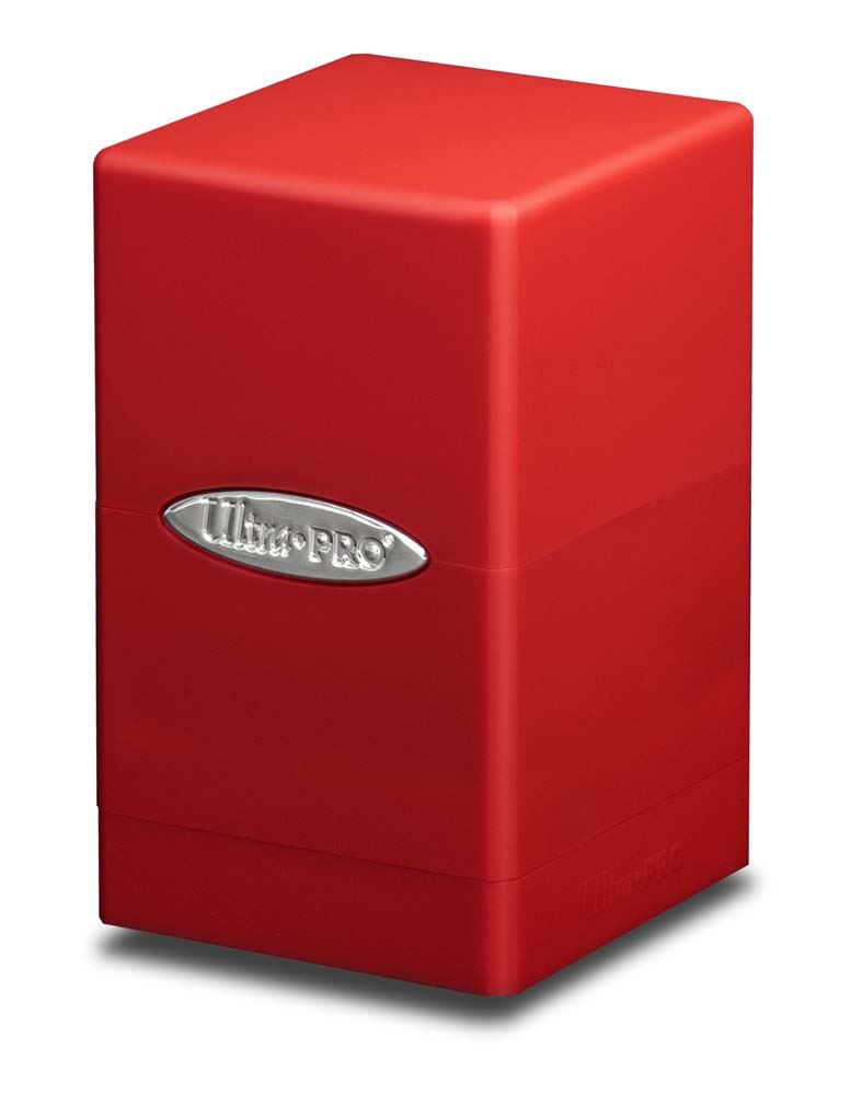Ultra Pro Satin Tower Deck Box - Red - Red rectangular deck box with smooth satin finish and silver Ultra Pro logo badge on the front.