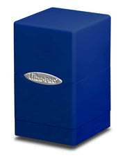 Ultra Pro Satin Tower Deck Box - Blue - Compact blue rectangular deck box with smooth satin finish and silver Ultra Pro logo plaque on front.