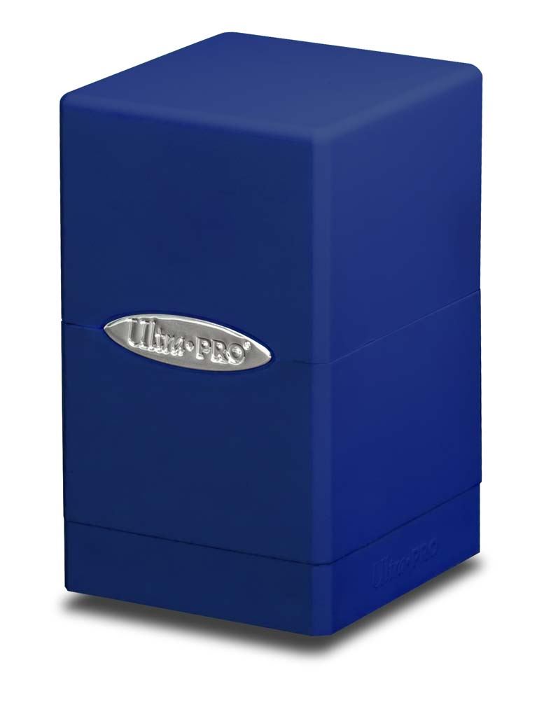 Ultra Pro Satin Tower Deck Box - Blue - Compact blue rectangular deck box with smooth satin finish and silver Ultra Pro logo plaque on front.