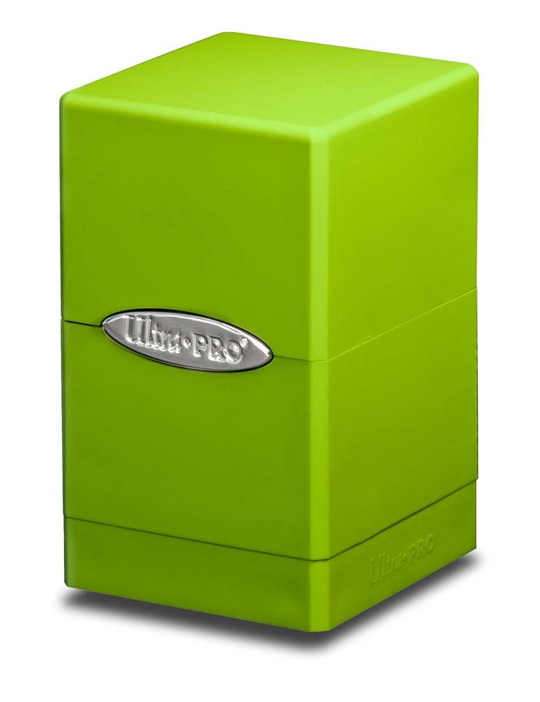 Ultra Pro Satin Tower Deck Box - Lime Green - Lime green rectangular deck box with smooth satin finish and oval silver Ultra Pro logo on the front.