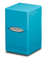 Ultra Pro Satin Tower Deck Box - Light Blue - Light blue rectangular deck box with smooth satin finish and rounded edges, featuring a silver Ultra Pro logo plaque on the.