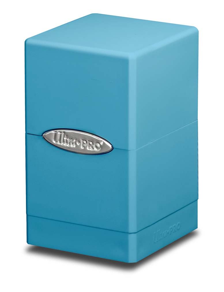 Ultra Pro Satin Tower Deck Box - Light Blue - Light blue rectangular deck box with smooth satin finish and rounded edges, featuring a silver Ultra Pro logo plaque on the.