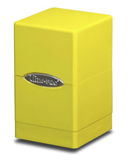 Ultra Pro Satin Tower Deck Box - Yellow - Bright yellow rectangular deck box with smooth satin finish and silver Ultra Pro logo badge on the front.