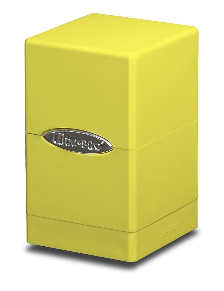 Ultra Pro Satin Tower Deck Box - Yellow - Bright yellow rectangular deck box with smooth satin finish and silver Ultra Pro logo badge on the front.