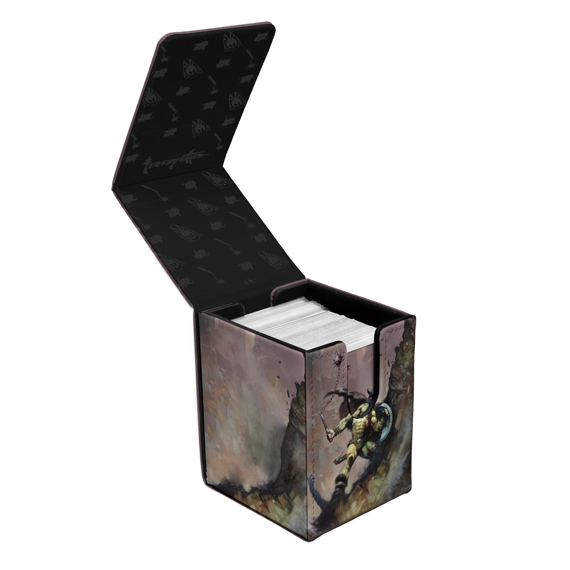 Ultra Pro Alcove Flip: Frank Frazetta - Warrior with Ball and Chain (PREORDER) - Fantasy-themed deck box with dark tones and warrior artwork holding ball and chain, flip-top lid open.