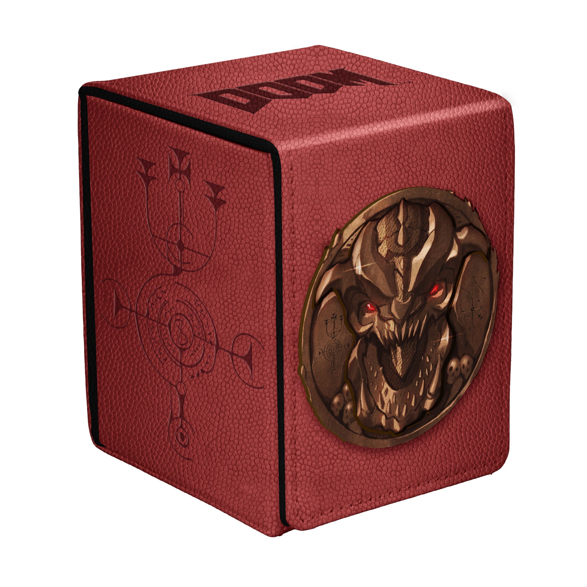 Ultra Pro Alcove Flip Box - Doom: Creatures of Hell - Pinky (PREORDER) - Red textured flip box with black "DOOM" logo and a bronze demonic face emblem with red eyes.