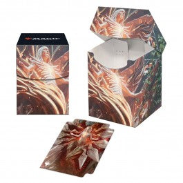 Ultra Pro Deck Box - MTG March of the Machine V3 - The Gathering Ultra Pro deck box with fiery angel artwork, shown closed, open, and alongside a matching card sleeve.