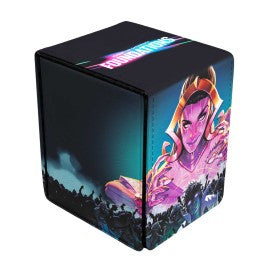 Ultra Pro Alcove Flip Box - Magic the Gathering Foundations - Black rectangular flip box with vibrant, glowing pink and blue Magic the Gathering artwork featuring a confident female mage